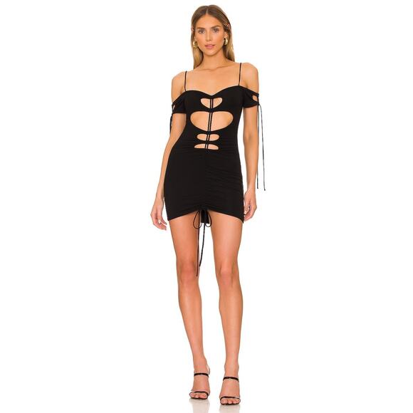 Revolve H:ours Roxi Mini Dress Black NWT S Ruched Off The Shoulder Bodycon - Picture 1 of 8